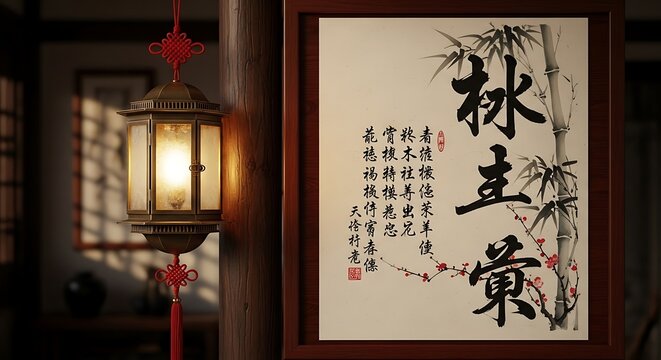 An illuminated lantern hangs by a framed Chinese calligraphy art piece in a dimly lit room