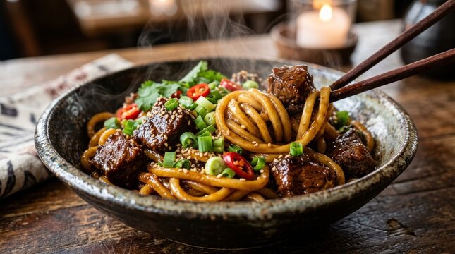 Steaming bowl of savory noodles with tender beef and fresh herbs, expertly lifted with chopsticks.