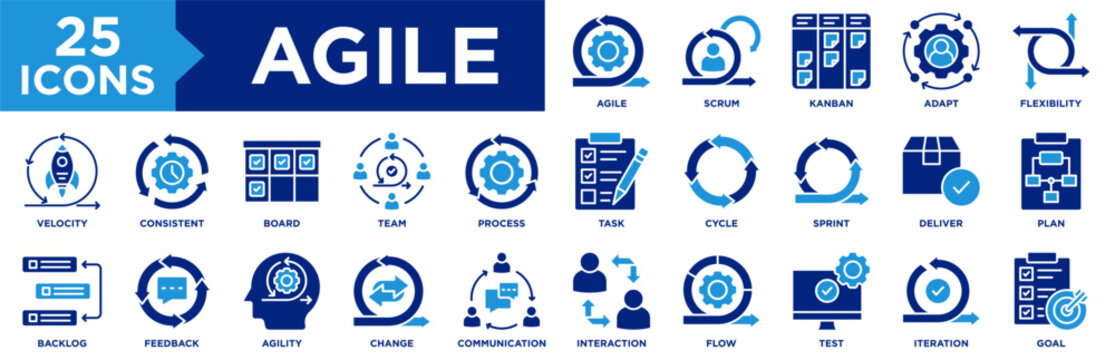 Agile Icon Set Collection. Icon Pack Contain Scrum, Sprint, Kanban, Flow, Cycle, Interaction, Task, Board, Team, Communication
