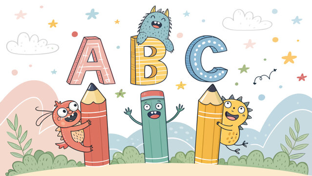 Cute monsters and giant pencils with abc letters, whimsical illustration for learning and creativity, monster character, back to school