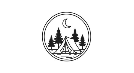 Circular outline logo depicting a camping tent among pine trees under a crescent moon, with reflection on water, symbolizing wilderness adventure at night. © Koko
