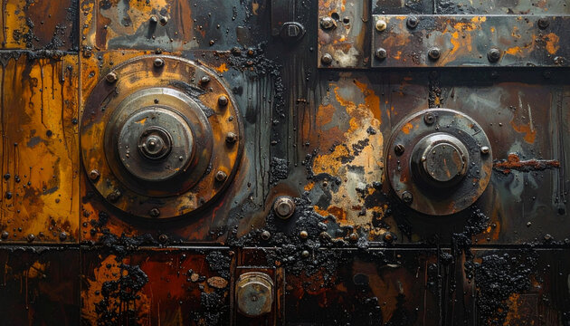 Close up of weathered metal machinery with rust and bolts