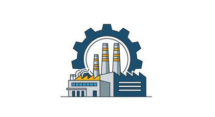 Naklejka premium Colorful Industrial Factory Building with Large Gear Icon on Isolated White Background, Manufacturing Plant with Chimneys