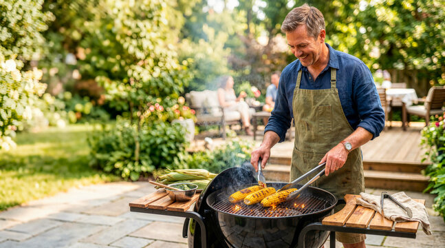 Man grilling corn on the cob on a kettle grill in a sunny backyard. Summer outdoor cooking and healthy food concept. Man in apron preparing vegetables for a barbecue party
