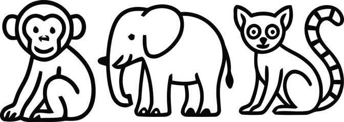 Three cartoon animals a monkey elephant and lemur in a row © Tania Sultana
