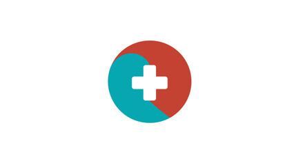 Obraz premium Modern circular icon with a white plus sign on a split red-orange and teal background, symbolizing addition, health, or new options.