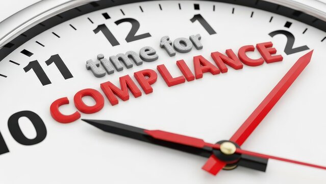 compliance A clock with the words 'time for compliance' written on it, symbolizing the importance of meeting deadlines and regulations.