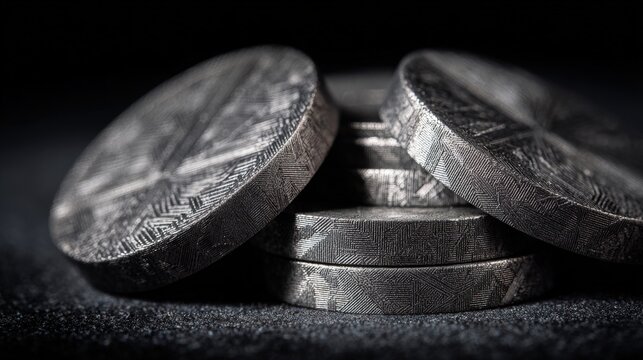 Macro Detail of Stacked Metallic Tokens with Abstract Engraved Patterns