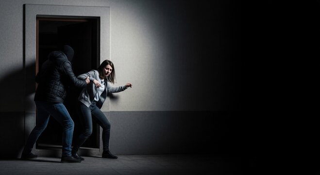Masked attacker grabbing woman in dark alley. Criminal committing assault on female victim outside. Dangerous street crime, victim fear and robbery attempt concept. High fidelity scene.