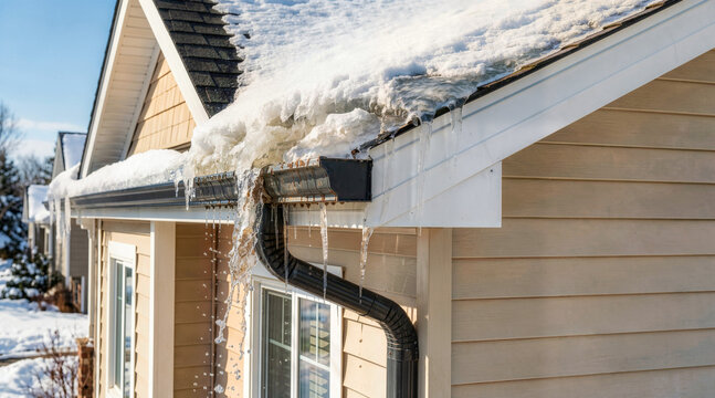 Melting ice dam on a residential roof gutter. Water dripping from icicles and snow during a winter thaw. Home maintenance and roof damage concept