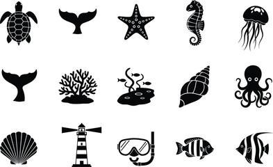Marine ocean life icons set with turtle seahorse fish jellyfish octopus © Simu Store