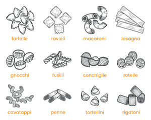 Types of pasta set, Italian cuisine, traditional noodle, lasagna, macaroni, penne, farfalle, fusilli, gnocchi, ravioli, lines, hand-drawn, black and white, graphic illustration, engraving isolated