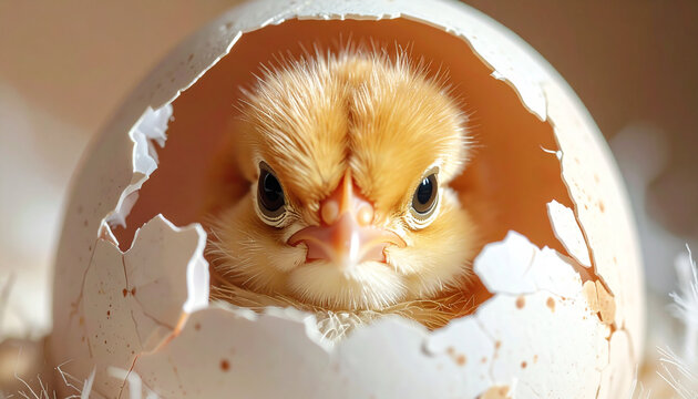 Close up of chick emerging from eggshell showing curiosity and alertness