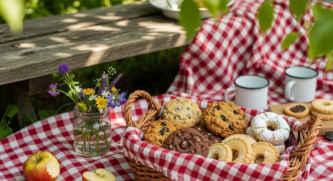 Enjoying a sweet summer picnic with cookies and coffee outdoors on a sunny day.