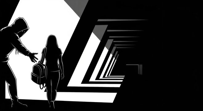Criminal in hoodie reaching out to grab a young girl on a dark street. Attempted abduction, street crime and personal safety concept. High contrast digital illustration representing danger.