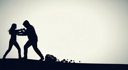 Obraz premium Woman defending against aggressive hooded man. Female character fighting attacker on street. Self-defense training and crime prevention concept. Silhouette of robbery and assault struggle.