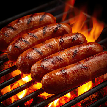 Sausages are grilled on a barbecue over open flames at a summer outdoor event.