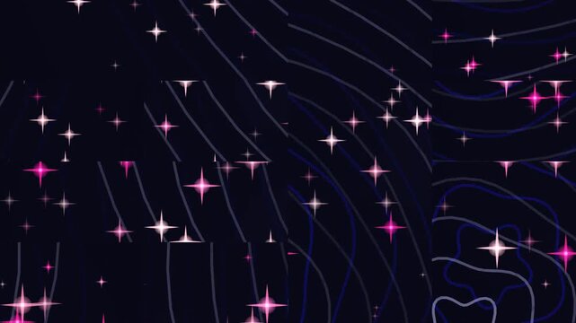 Abstract Dark Blue Background with Pink Sparkles and Wavy Lines