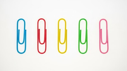 A row of colorful paper clips on a white background