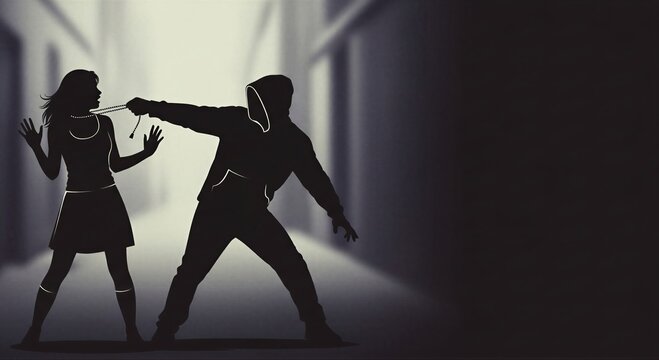 Silhouette of criminal grabbing woman by necklace in dark alley. Street robbery and violence scene. Concept of self defense, safety awareness, victim of crime and urban danger situation.