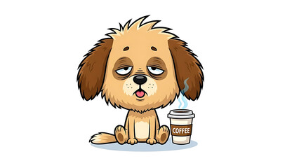 Fototapeta premium Cute tired cartoon dog with coffee isolated on a transparent background