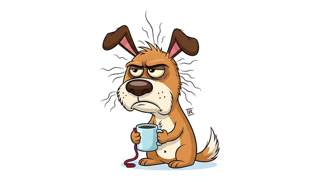 Cute grumpy brown dog with coffee isolated on a transparent background