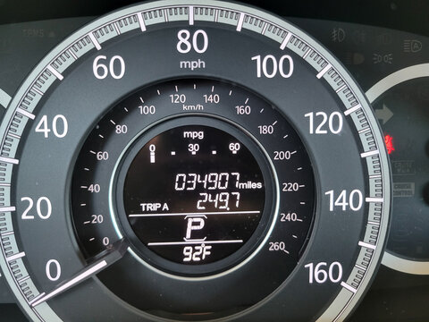 Close-up of the instrument cluster with speedometer, odometer and various gauges and indicators 