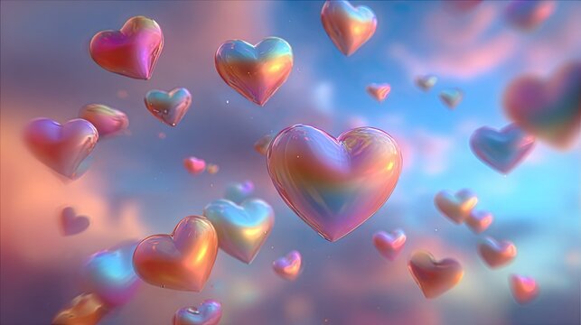 Numerous iridescent, heart-shaped objects float upwards against a soft, blended sky background.