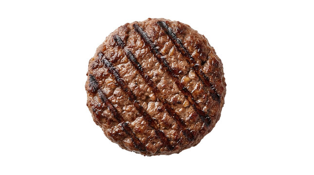 Juicy grilled beef burger patty with dark char marks on a transparent background