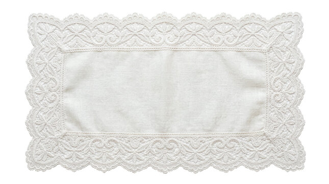 Vintage rectangular white lace placemat with delicate floral embroidery on a transparent background
