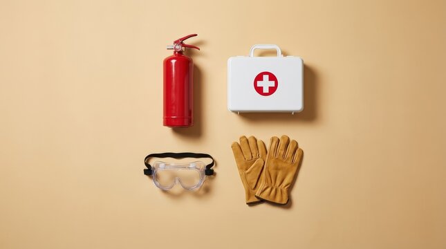 Flat Lay of Fire Extinguisher, First Aid Kit, Safety Goggles, and Gloves