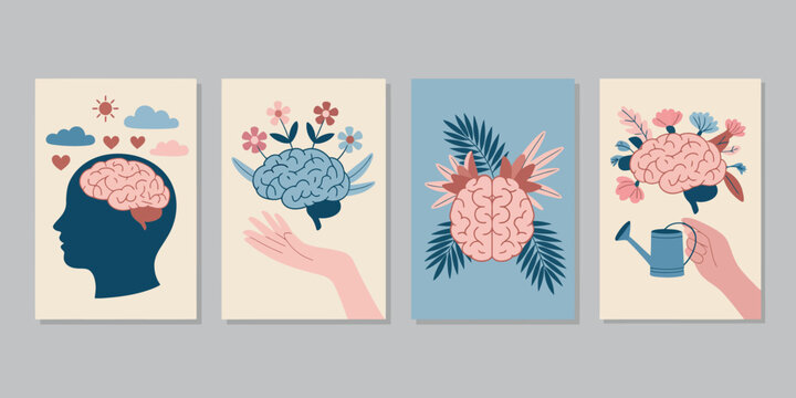 Mental health brochure template, colorful campaign design for World Mental Health Day featuring emotional burnout themes. OurMindsMatter poster is suitable for psychiatry and psychology clinics.