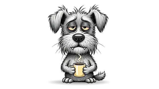 Sleepy gray cartoon dog holding coffee isolated on a transparent background