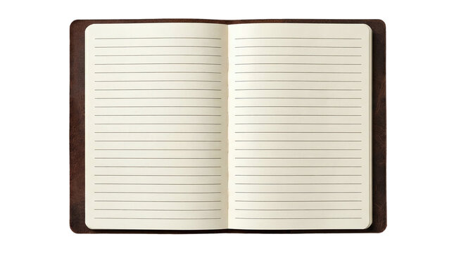Open vintage leather notebook with lined paper pages on a transparent background