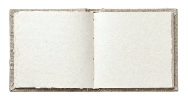 Open square notebook with blank handmade cotton paper and linen cover on a transparent background