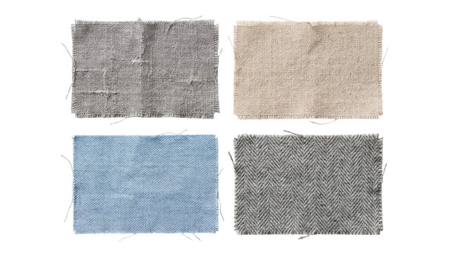 Set of four rectangular textile swatches with frayed edges including denim and linen on a transparent background