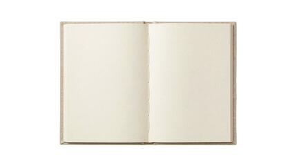 Naklejka premium Open blank notebook with textured cream pages and beige linen cover on a transparent background