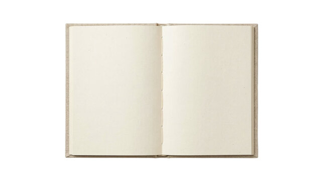 Open blank notebook with textured cream pages and beige linen cover on a transparent background
