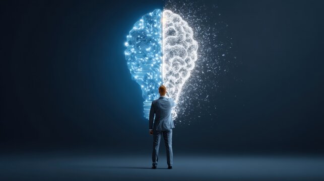Businessman confronts glowing digital brain and dissolving mind
