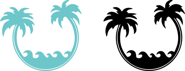 Tropical Island Palm Tree and Ocean Wave Logo Design © Cik