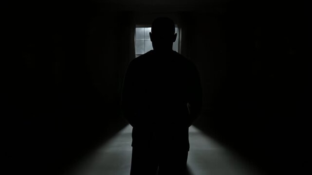Silhouette of a person standing in a dark corridor with light shafts