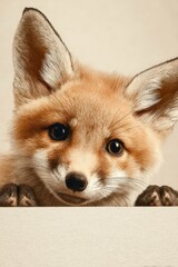 Fototapeta premium Centered Baby Fox Peeking Over Blank White Board in Seamless Studio with Balanced Lighting