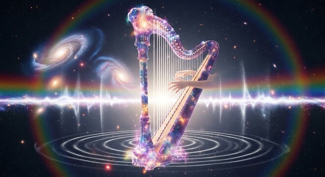Celestial harp with cosmic body playing, galaxies visible, forming a rainbow, over ripples