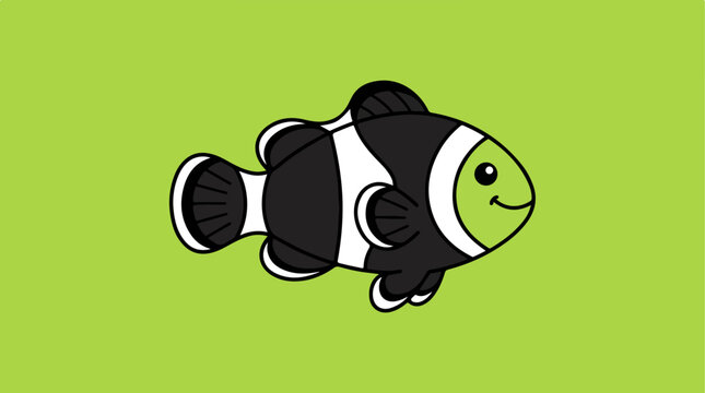 Cute Black and White Clownfish Illustration on a Green Background.