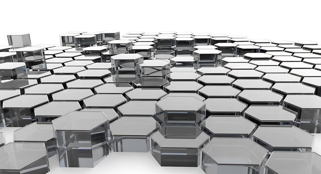 Abstract hexagonal structure with reflective surface in 3d render 4k