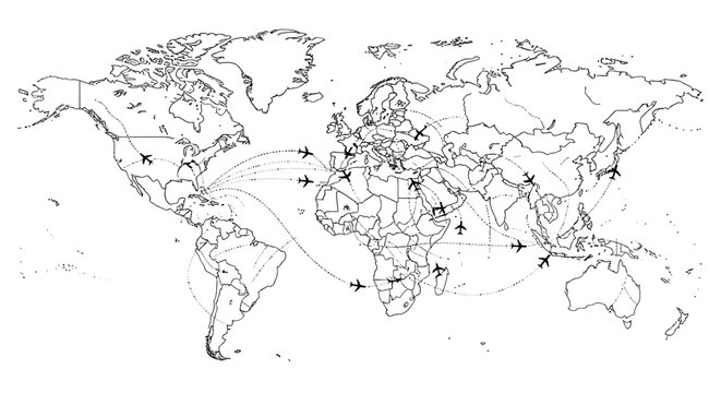 Detailed black and white world map illustrating global air travel routes, international transportation, and flight connections with airplane icons.