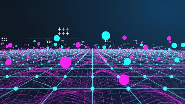 Abstract digital grid with glowing neon spheres and network connections