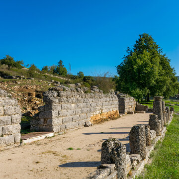 Panoramic view of Dodona archeological site with remains of Bouleuterion of Dodona and prophesied Oak tree in Epirus, Greece
