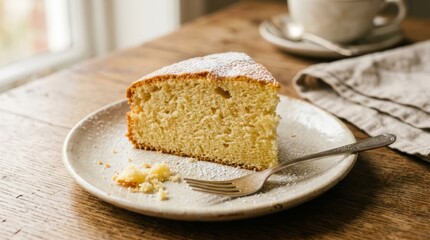 Delicious slice of homemade sponge cake dusted with powdered sugar on a rustic wooden table