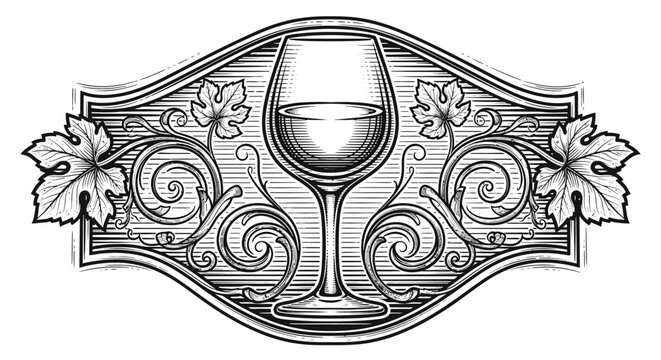 Elegant vintage wine glass emblem with grape leaves and decorative swirls in a classic engraved style, perfect for labels or menus.